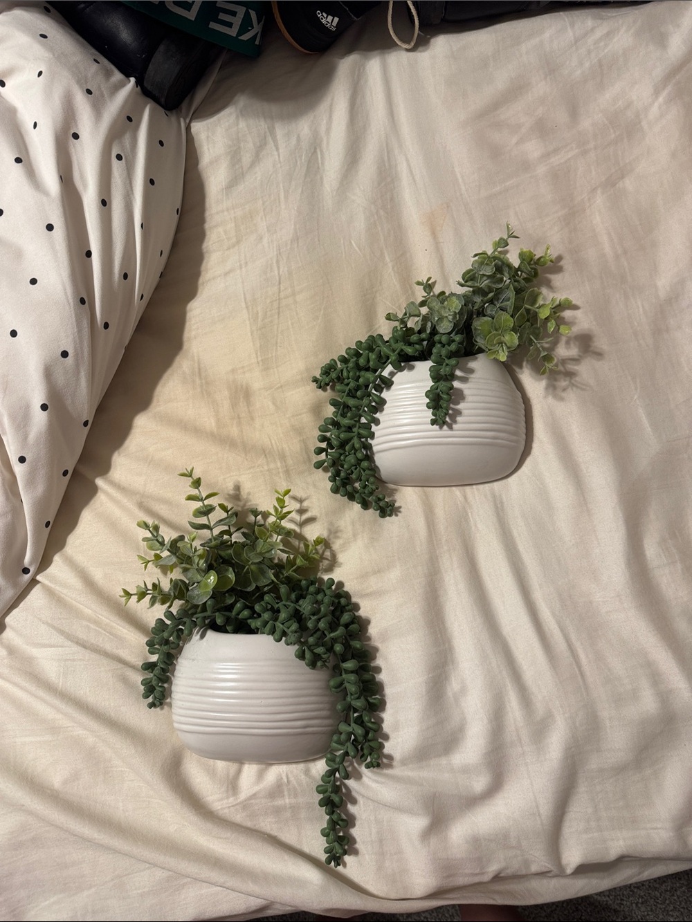 White Ceramic Hanging Planter with Green Artificial Succulents - Home Accents